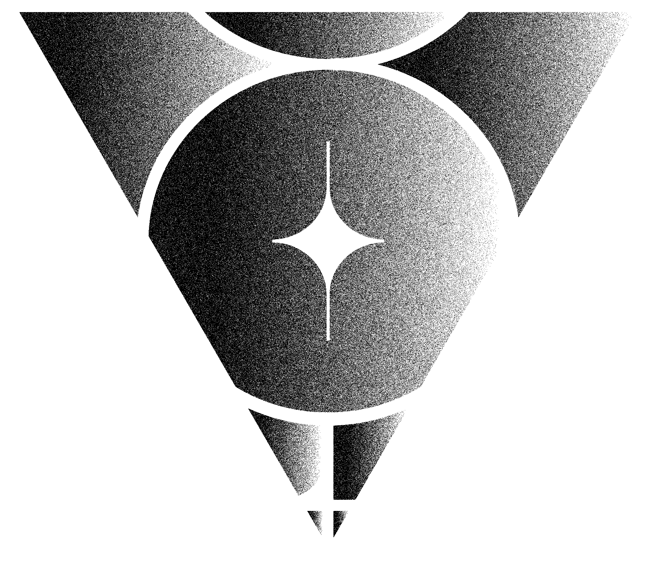 Black and White Grainey Upside Down Pyramid Face with Circular Patterns overlayed in White